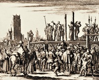 Казнь меннонитов в Дордрехте в 1572 г. Гравюра из кн.: Miroir des martyrs. XVI в.