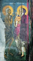 Причащение прп. Марии Египетской. Роспись ц. Богоматери «Одигитрия» Печской Патриархии. XIV в.