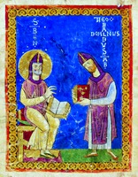Аббат Теобальд вручает книгу устава св. Бенедикту. Миниатюра из рукописи. Между 1022 и 1032 гг. (Cassin. 73. P. 4)