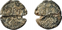 Имп. Михаил III. Имп. Феодора. Бронзовая монета. Аверс. Реверс. 842–867 гг. (Дамбартон-Окс, Вашингтон)