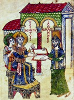 Аббат Иоанн вручает книгу устава св. Бенедикту. Миниатюра из рукописи. Ок. 920 г. (Cassin. 175. P. 2)