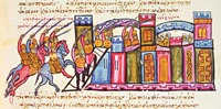 Взятие Хандака. Миниатюра из Хроники Иоанна Скилицы. XII в. (Matrit. gr. 2. Fol. 142r)