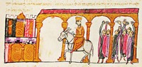 Народ бросает камни в визант. имп. Никифора II Фоку. Миниатюра из Хроники Иоанна Скилицы. XII в. (Matrit. gr. 2. Fol. 155r)