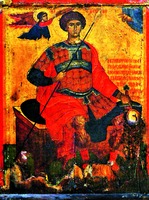 Вмч. Георгий Победоносец на троне. Оборот Нямецкой иконы. XIV в. (Нямецкий мон-рь, Румыния)