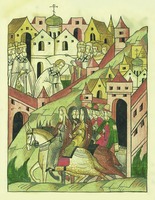 Поставление свт. Михаила на Смоленскую кафедру митр. Пименом. Зима 1383/84 г. Миниатюра из Лицевого летописного свода. 70-е гг. XVI в. (БАН. 31.7.30-2. Л. 181)