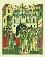 Освящение свт. Прохором, еп. Ростовским, Успенского собора Московского Кремля. Миниатюра из Лицевого летописного свода. 70-е гг. XVI в. (БАН. 31.7.30-1. Л. 230)