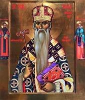 Свт. Савва (Бранкович), со свт. Саввой I, архиеп. Сербским и прп. Саввой Освященным на полях. Икона. Мастерская мон-ря Ватопед, Афон. XXI в. (ц. во имя апостолов Петра и Павла и свт. Саввы (Бранковича), Инеу) Фото: Arhiepiscopia Aradului