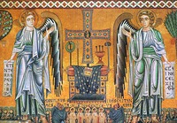 Ангелы, св. отроки и два монаха, предстоящие Престолу уготованному. Фрагмент мозаики алтарной апсиды. 1208 г.— 1-я пол. 30-х гг. XIII в., сер. XVIII в., 2-я треть XIX в.
