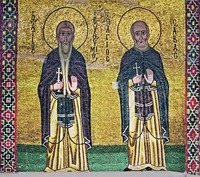 Преподобные Савва Освященный и Евфимий Великий. Мозаика кафоликона мон-ря Осиос Лукас. 30–40-е гг. XI в. Фото: В. А. Заварицкая