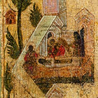 Преставление прп. Савватий Тверского. Фрагмент иконы «Обитель прп. Савватия Тверского, со сценами его жития». Сер.— 3-я четв. XVI в. (ЦМиАР)