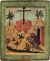 Прп. Савватий Тверской в молении Кресту. Икона. 2-я четв.— сер. XVI в. (ЦМиАР)