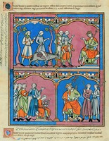 Саул встречает Давида. Давид играет для Саула. Миниатюра из Библии Мациевского (NY Morgan. MS M. 638. Fol. 26v)
