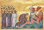 Мученичество Садока. Миниатюра из Минология имп. Василия II. 1-я четв. XI в. (Vat. gr. 1613. P. 414)