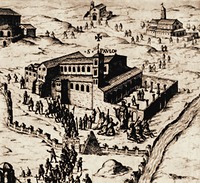 Базилика Сан-Паоло-фуори-ле-Мура. Фрагмент гравюры А. Лафрери «Семь паломнических церквей Рима». 1575 г.