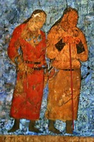 Тюркские придворные из свиты самаркандского царя. Фрагмент фрески «Зала послов» во дворце в Афросиабе. 2-я пол. VII в. (Музей Афросиаба, Самарканд)