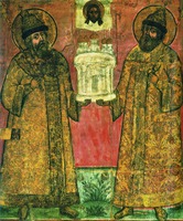 Цари Михаил Феодорович и Алексей Михайлович. Фреска Спасо-Преображенского собора Новоспасского мон-ря в Москве. Мастера Ф. Зубов, В. Кандаков и др. 1689 г.