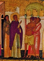 Исцеление бесноватого вельможи. Клеймо иконы из Успенского собора Дмитрова «Прп. Сергий Радонежский, с житием». Ок. 1510 г. Мастер Феодосий (?) (ЦМиАР)