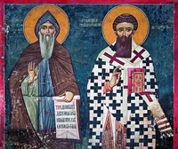 Прп. Симеон Мироточивый и свт. Савва I, архиеп. Сербский. Роспись ц. Св. архангелов мон-ря Лесново. 1347–1348 гг. Фото: В. А. Заварицкая