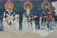 Свт. Савва I, архиеп. Сербский и прп. Симеон Мироточивый в молении Божией Матери с Младенцем Христом. Роспись церкви праведных Иоакима и Анны монастыря Студеница. 1314–1315 гг. Фото: И. А. Орецкая