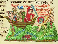 Св. Симеон Трирский с пиратами. Миниатюра из Пассионария из Вайссенау. XII в. (Cologny. Bodm. 127. Fol. 216v)