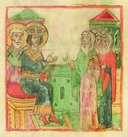 Спор с иудеями имп. равноап. Константина и св. Сильвестра. Миниатюра из Хроники Георгия Амартола. 1-я пол. XIV в. (РГБ. Ф. 173/1. № 100. Л. 213 об.)