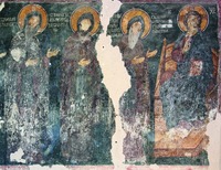 Святые сербские правители во главе с прп. Симеоном Мироточивым в молении Христу. Роспись Драгутиновой капеллы в ц. вмч. Георгия мон-ря Джурджеви Ступови. 1283–1285 гг. Фото: И. А. Орецкая