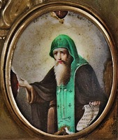 Прп. Герман Валаамский. Эмалевый образ с оклада Казанской иконы Божией Матери. Сер.— 2-я пол. XIX в. (Преображенский со-бор Нововалаамского мон-ря, Финляндия)