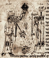 Коронование мучеников Сергия и Вакха. Миниатюра из Легендария аббатства Эхтернах, Люксембург. Сер.— 3-я четв. XII в. (Paris. lat. 9740 Fol. 212v)