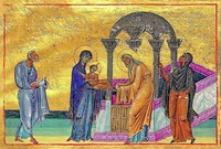 Сретение Господне. Миниатюра из Минология имп. Василия II. 1-я четв. XI в. (Vat. gr. 1613. P. 365)