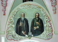 Преподобные Сильвестр Обнорский и Евфимий Суздальский. Роспись ц. Явления Божией Матери прп. Сергию Радонежскому (Михеевской) в Троице-Сергиевой лавре. 1842 (?) г., поновления 1871, 1947 гг.