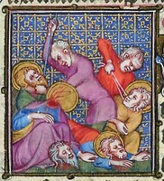 Мученичество Сергия и Вакха. Миниатюра из Парижского бревиария. Ок. 1364–1370 гг. Мастер Жан Чёрный и помощники (Paris. lat. 1052. Fol. 529)