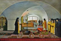 Молебен у раки преподобных Сергия и Германа Валаамских в присутствии имп. Александра II и его семьи 28 июня 1858 г. Худож. Е. А. Ознобишин. 1859 г. (Нововалаамский мон-рь, Финляндия)