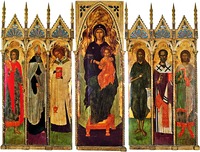 Пресв. Богородица с Младенцем на престоле, с избранными святыми (крайний справа — мч. Севастиан). Полиптих. Нач. XV в. (Музей изящных искусств, Бостон) Фото: collections.mfa.org