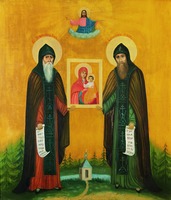 Преподобные Евфросин и Серапион Псковские, с Цареградской иконой Божией Матери. 80–90-е гг. ХХ в. (Елеазаровский мон-рь)