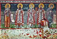 Прп. Симеон Неманя, святители Савва I Сербский, Арсений I и Даниил II и икона Божия Матерь «Параклисис». Роспись церкви свт. Николая Чудотворца в мон-ре Печская Патриархия. 1673–1674 гг. Мастер Радул. Фото: Е. А. Виноградова