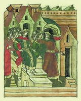 Вел. жупан Стефан Неманя оставляет престол сыну Стефану. Миниатюра из Лицевого летописного свода. 70-е гг. XVI в. (РНБ. F.IV.233. Л. 556 об.)
