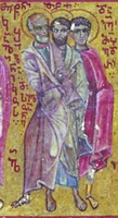 Апостолы Сила, Силуан и мч. Иоанн Воин. Миниатюра из греко-грузинской рукописи. Кон. XV в. (РНБ. O. I. 58. Л. 122 об.)
