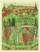 Свт. Фотий, митр. Киевский и всея Руси, совершает хиротонию инока Самсона с наречением его Симеоном. Миниатюра из Лицевого летописного свода. 70-е гг. XVI в. (БАН 31. 7. 30-2. Л. 841)