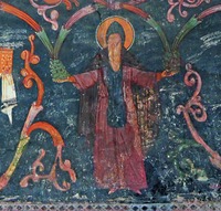 Прп. Симеон Мироточивый. Фрагмент композиции «Лоза Неманичей» в нартексе монастыря Печская Патриархия. 30-е гг. XIV в. Фото: Е. А. Виноградова