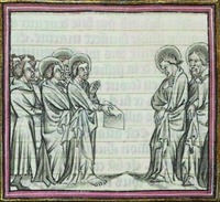 Беседа ап. Павла с двумя учениками. Миниатюра из Деяний и Посланий апостолов. XII в. (Baltim. 533. Fol. 262v)