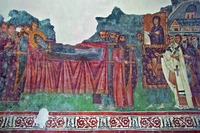 Перенесение мощей прп. Симеона Мироточивого в мон-рь Студеница. Роспись капеллы во имя прп. Симеона Мироточивого в монастыре Сопочаны. Ок. 1263–1268 гг.