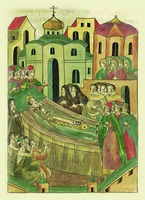 Преставление свт. Симеона, еп. Тверского. Миниатюра из Лицевого Летописного свода. 70-е гг. XVI в. (БАН. 31.7.30-1. Л. 154 об.)