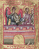 Арх. Гавриил, сщмч. Ириней еп. Сирмийский, прп. Малх.  Миниатюра из Минология Димитрия Палеолога. 1322–1340 гг. (Bodl. gr. th. f. 1. Fol. 33r)