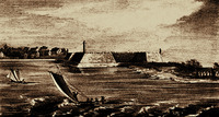 Первый форт и поселение в Сент-Огастин (шт. Флорида). Рисунок из кн.: Sewall R. K. Sketches of St. Augustine. N. Y., 1848. P. 24