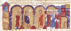 Сисиний II, патриарх К-польский, перед имп. Василием II. Миниатюра из Хроники Иоанна Скилицы. XII в. (Matrit. gr. 2. Fol. 184)