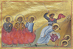 Мученичество Спевсиппа, Елевсиппа, Мелевсиппа. Миниатюра из Минология имп. Василия II. 1-я четв. XI в. (Vat. gr. 1613. P. 328)