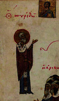 Свт. Спиридон Тримифунтский. Миниатюра из Феодоровской Псалтири. 1066 г. (Brit. Lib. 19352. Fol. 107v)
