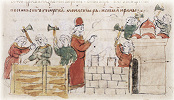 Закладка новых стен Киева, Золотых ворот и собора Cв. Софии. Миниатюра из Радзивиловской летописи. Кон XV в. (БАН. 34.5.30. Л. 197)