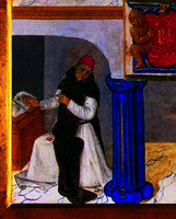 Скапуляр в облачении католич. св. Бернарда Клервосского. Фрагмент композиции «Искушение Бернарда Клервосского дьяволом». Миниатюра из Часослова Этьена Шевалье. Ок. 1555 г. Худож. Жан Фуке (Музей Конде. Ms 71)