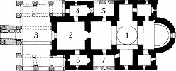 План собора. 1. Наос с певницами; 2. Нартекс; 3. Экзонартекс; 4. Капелла пер-вомч. Стефана; 5. Капелла вмч. Георгия По-бедоносца; 6. Капелла прп. Симеона Нема-ни; 7. Капелла свт. Николая Чудотворца.